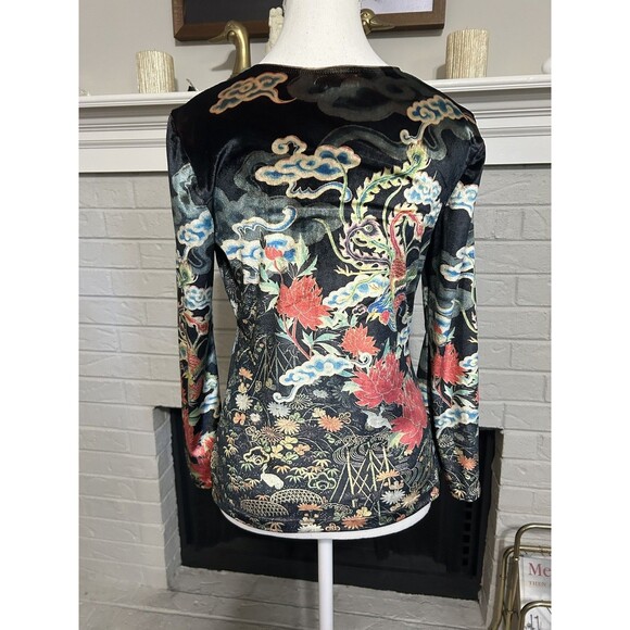CLIO Vintage 90s Y2K Japanese Floral Velvet Velour Rhinestone Bell Sleeve Top M - Picture 5 of 6
